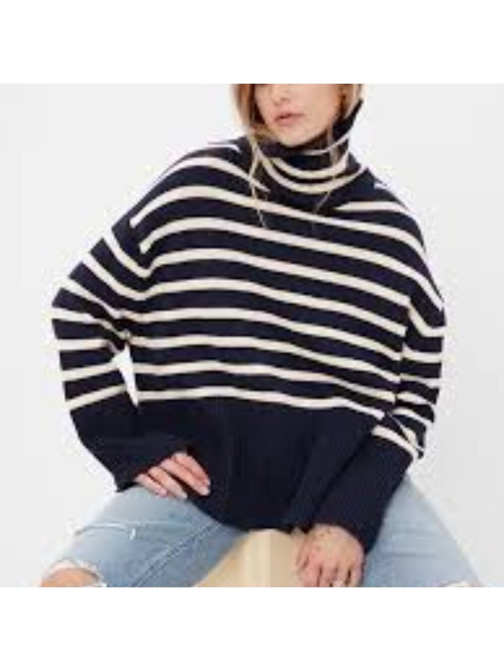 GAP Navy Ivory Striped Cotton Turtleneck Sweater M Coastal French Nautical - Picture 3 of 7